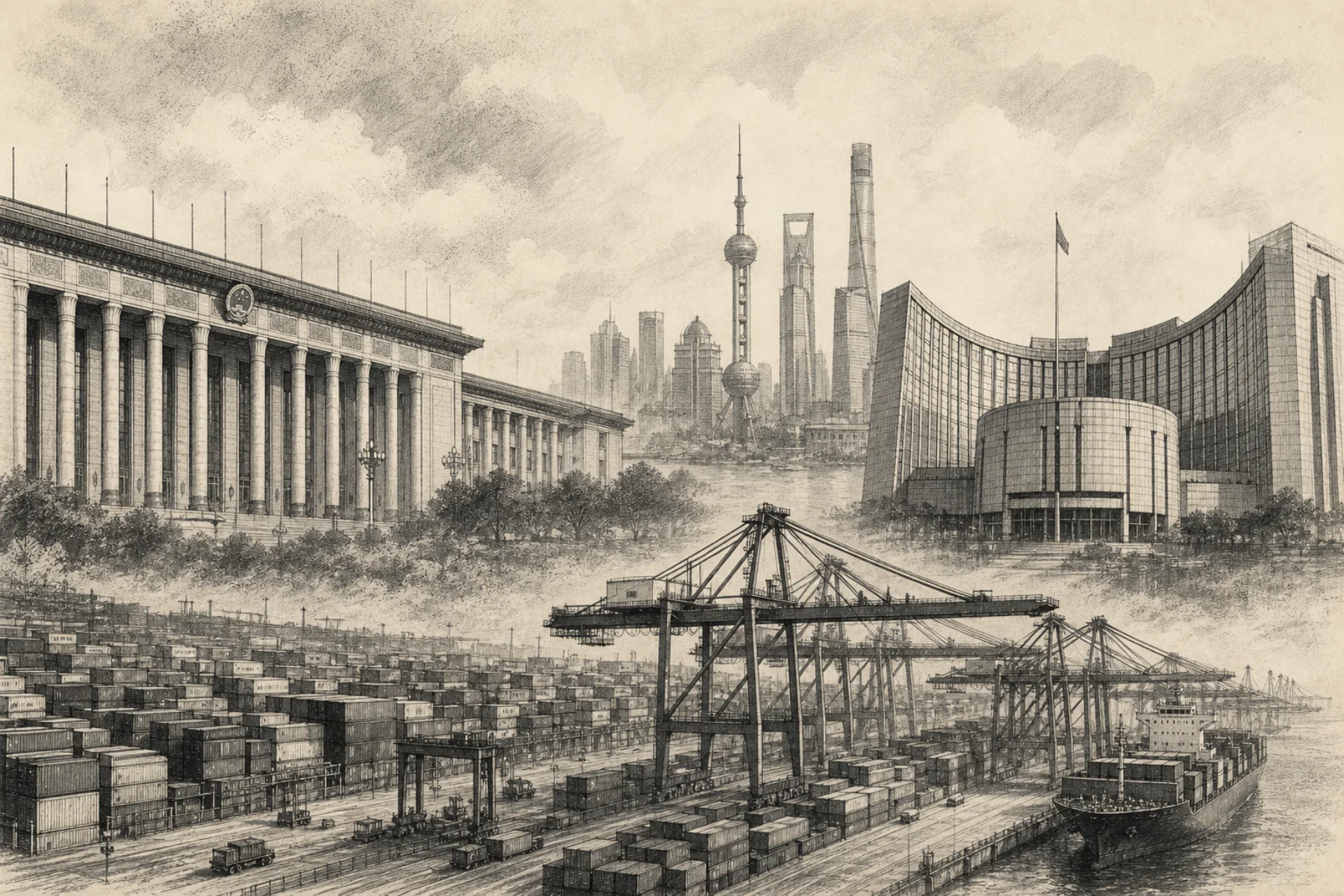 Graphite composite of the Great Hall of the People, Shanghai financial district, the People's Bank of China, and Yangshan port infrastructure.