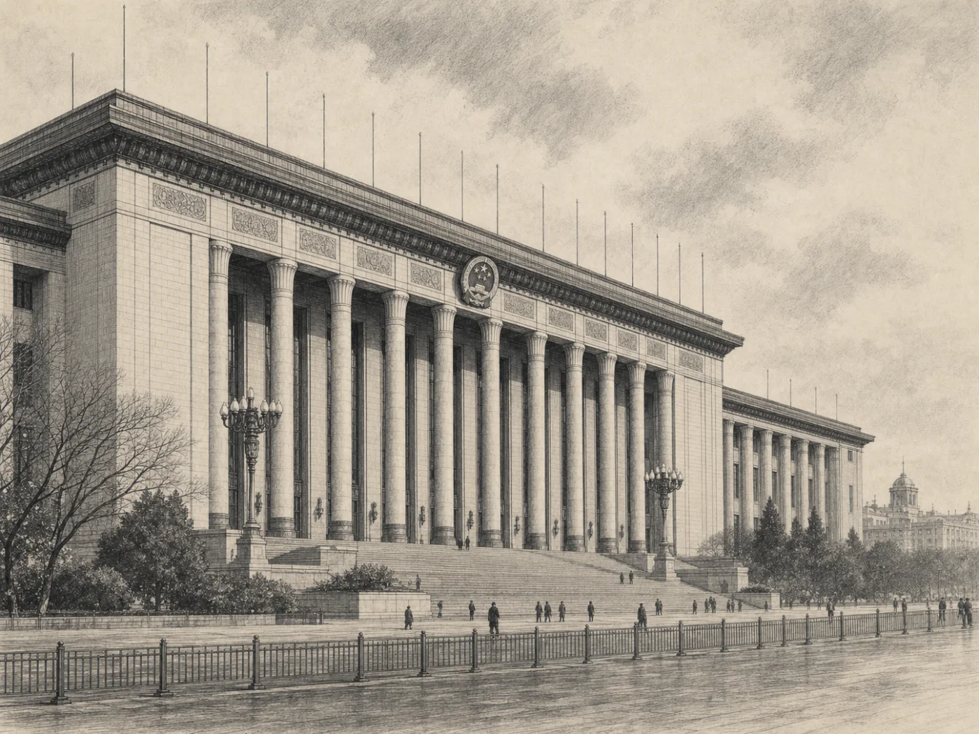 Graphite illustration of the Great Hall of the People in Beijing.