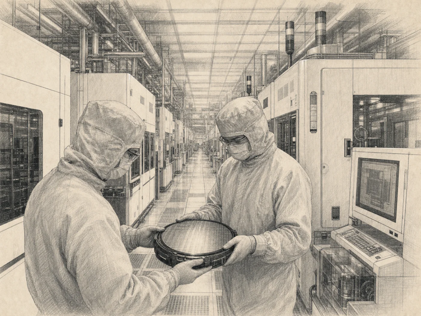 Graphite illustration of two cleanroom technicians inspecting a silicon wafer in a Shanghai fabrication facility.