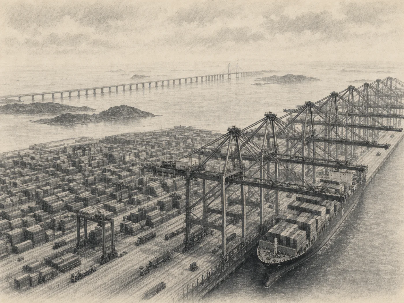 Graphite illustration of Shanghai's Yangshan Deep-Water Port, its container yards, cranes, ship and bridge.